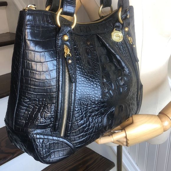 BRAHMIN Black Selma Croc Embossed Leather Pleated Shoulder Tote Bag Top Zipper - Picture 7 of 17